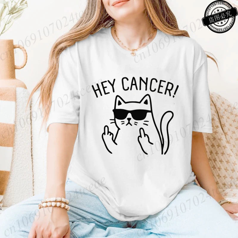 Hey Cancer Survivor T-Shirts, Cancer Warrior Shirt, Kitten Awareness Month Tee, Cancer Fighter Gift Shirt for Women Clothing