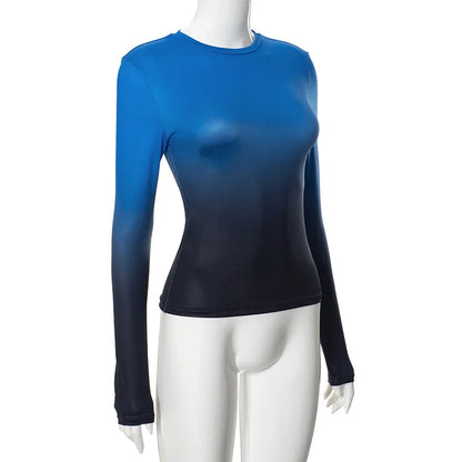 Gradient Color T Shirts For Women Aesthetic Clothes Long Sleeve Crop Top Y2k Accessories O-neck Tshirt Slim Fit Ropa De Mujer