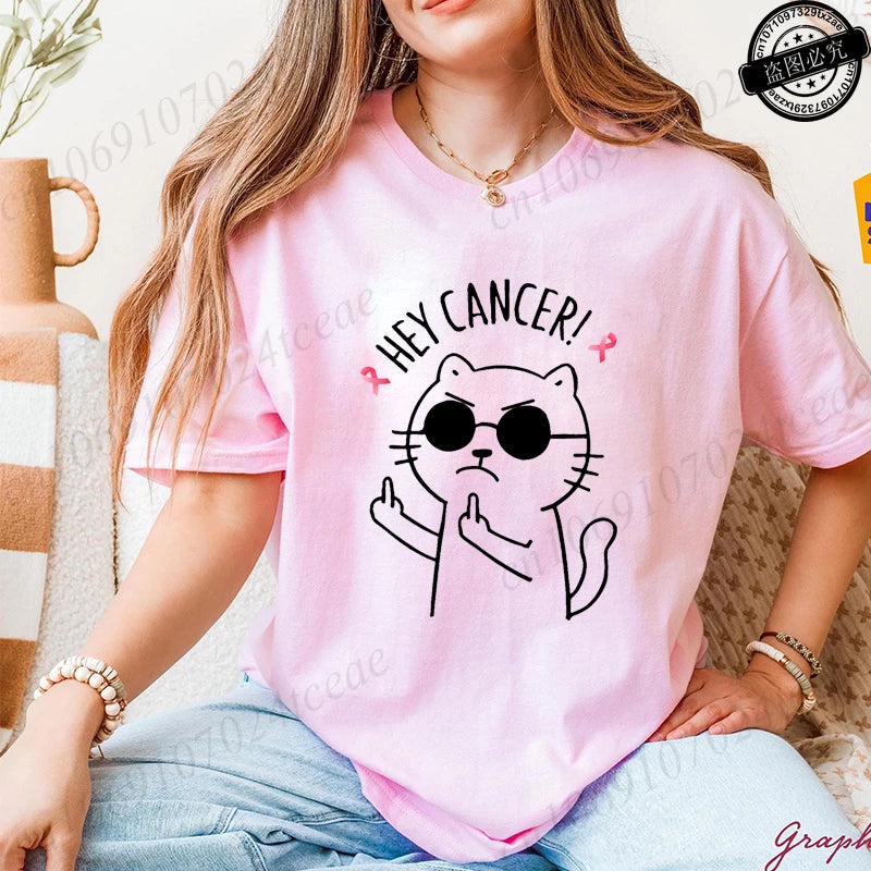 Hey Cancer Survivor T-Shirts, Cancer Warrior Shirt, Kitten Awareness Month Tee, Cancer Fighter Gift Shirt for Women Clothing
