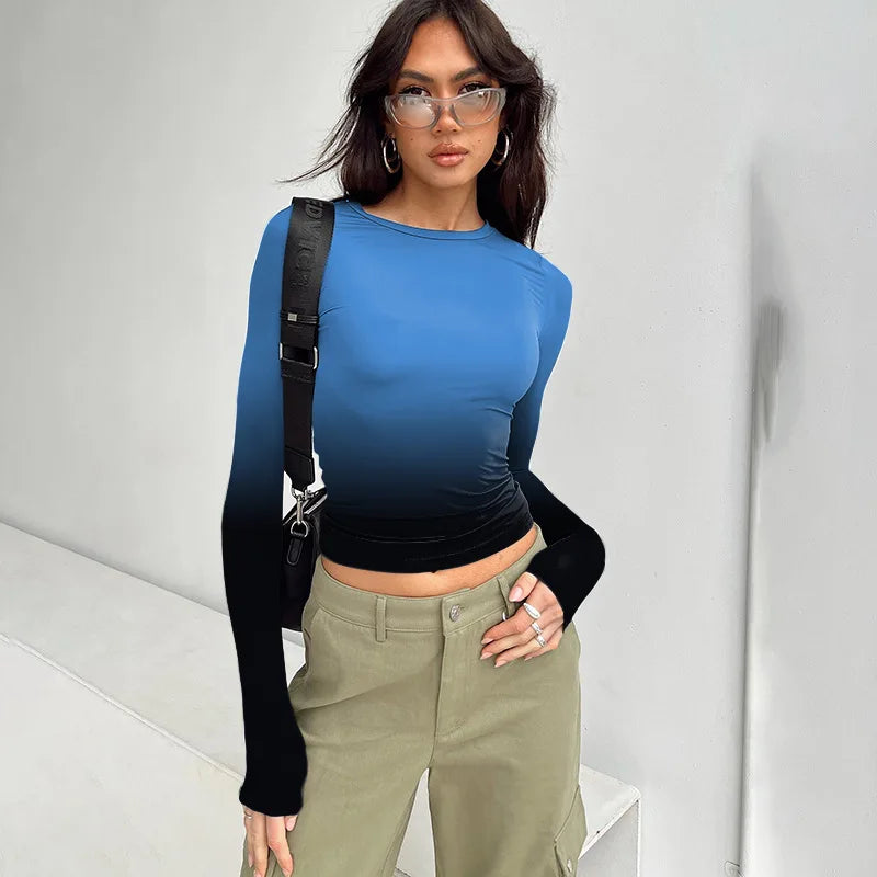 Gradient Color T Shirts For Women Aesthetic Clothes Long Sleeve Crop Top Y2k Accessories O-neck Tshirt Slim Fit Ropa De Mujer