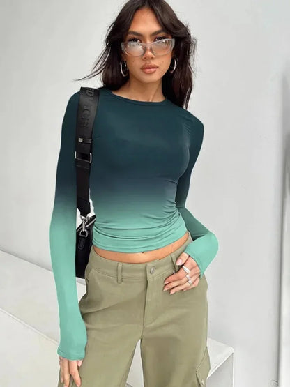 Gradient Color T Shirts For Women Aesthetic Clothes Long Sleeve Crop Top Y2k Accessories O-neck Tshirt Slim Fit Ropa De Mujer