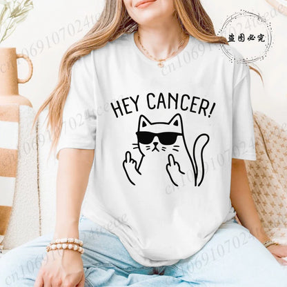 Hey Cancer Survivor T-Shirts, Cancer Warrior Shirt, Kitten Awareness Month Tee, Cancer Fighter Gift Shirt for Women Clothing
