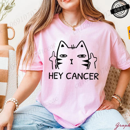 Hey Cancer Survivor T-Shirts, Cancer Warrior Shirt, Kitten Awareness Month Tee, Cancer Fighter Gift Shirt for Women Clothing