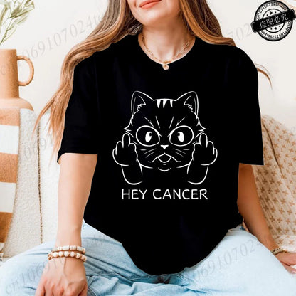 Hey Cancer Survivor T-Shirts, Cancer Warrior Shirt, Kitten Awareness Month Tee, Cancer Fighter Gift Shirt for Women Clothing
