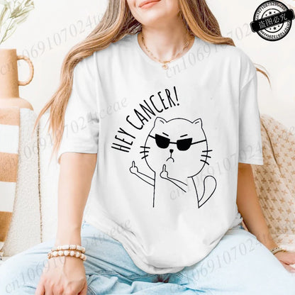Hey Cancer Survivor T-Shirts, Cancer Warrior Shirt, Kitten Awareness Month Tee, Cancer Fighter Gift Shirt for Women Clothing