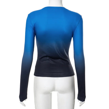 Gradient Color T Shirts For Women Aesthetic Clothes Long Sleeve Crop Top Y2k Accessories O-neck Tshirt Slim Fit Ropa De Mujer