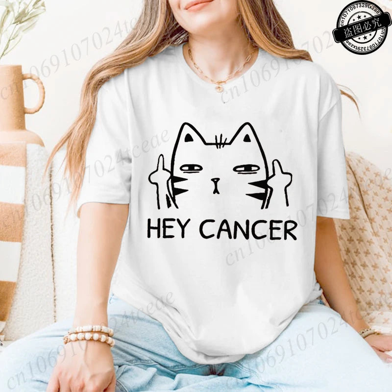 Hey Cancer Survivor T-Shirts, Cancer Warrior Shirt, Kitten Awareness Month Tee, Cancer Fighter Gift Shirt for Women Clothing
