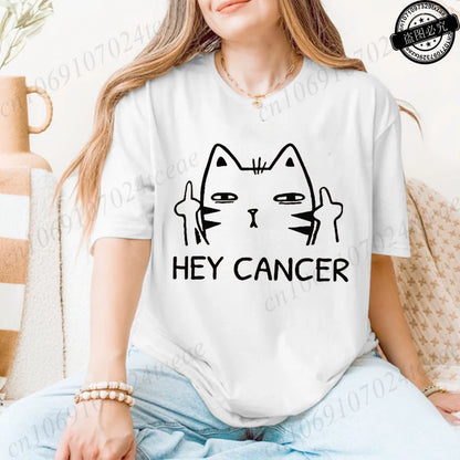 Hey Cancer Survivor T-Shirts, Cancer Warrior Shirt, Kitten Awareness Month Tee, Cancer Fighter Gift Shirt for Women Clothing