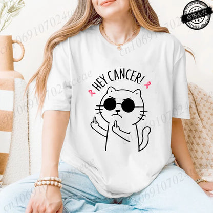 Hey Cancer Survivor T-Shirts, Cancer Warrior Shirt, Kitten Awareness Month Tee, Cancer Fighter Gift Shirt for Women Clothing