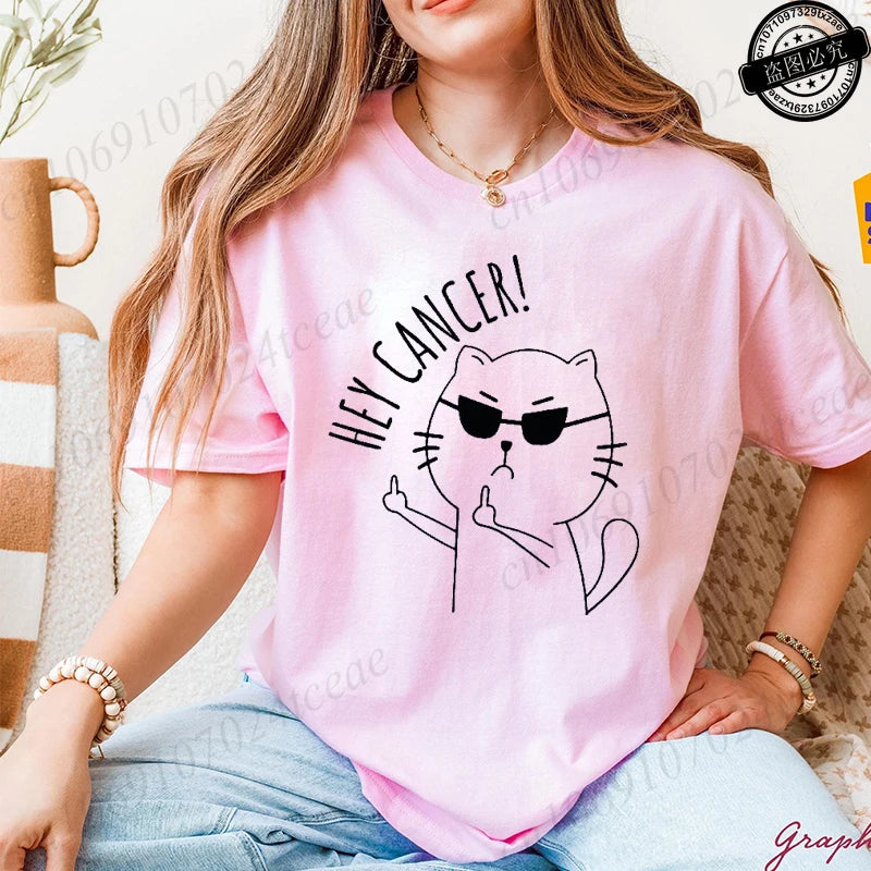 Hey Cancer Survivor T-Shirts, Cancer Warrior Shirt, Kitten Awareness Month Tee, Cancer Fighter Gift Shirt for Women Clothing