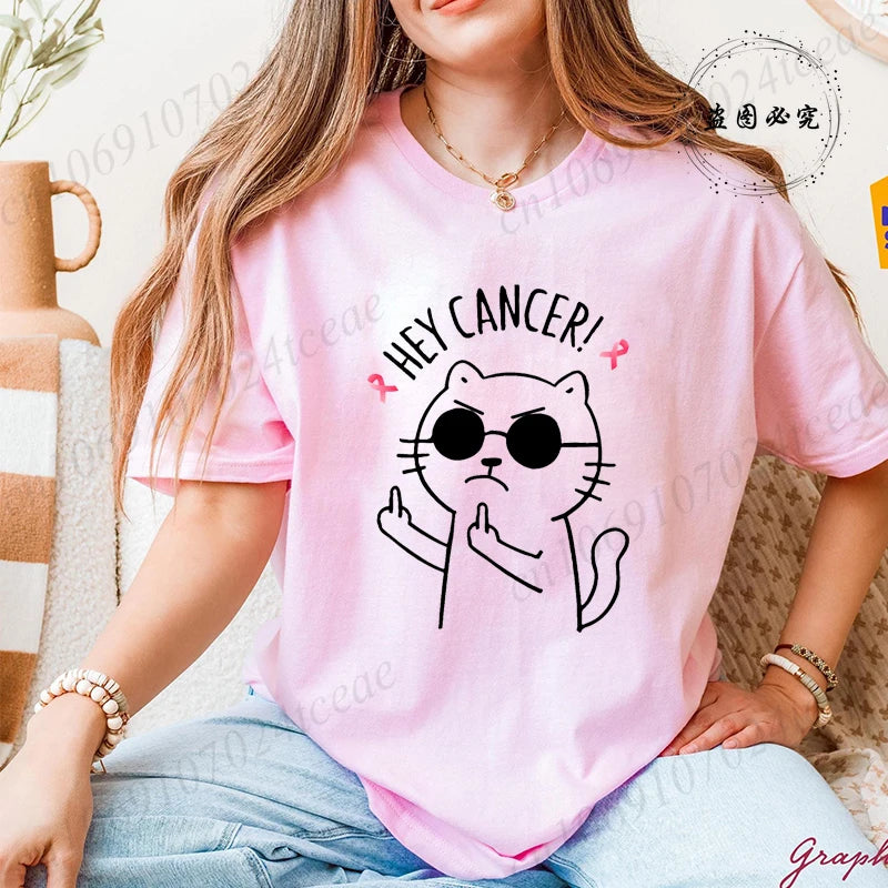 Hey Cancer Survivor T-Shirts, Cancer Warrior Shirt, Kitten Awareness Month Tee, Cancer Fighter Gift Shirt for Women Clothing