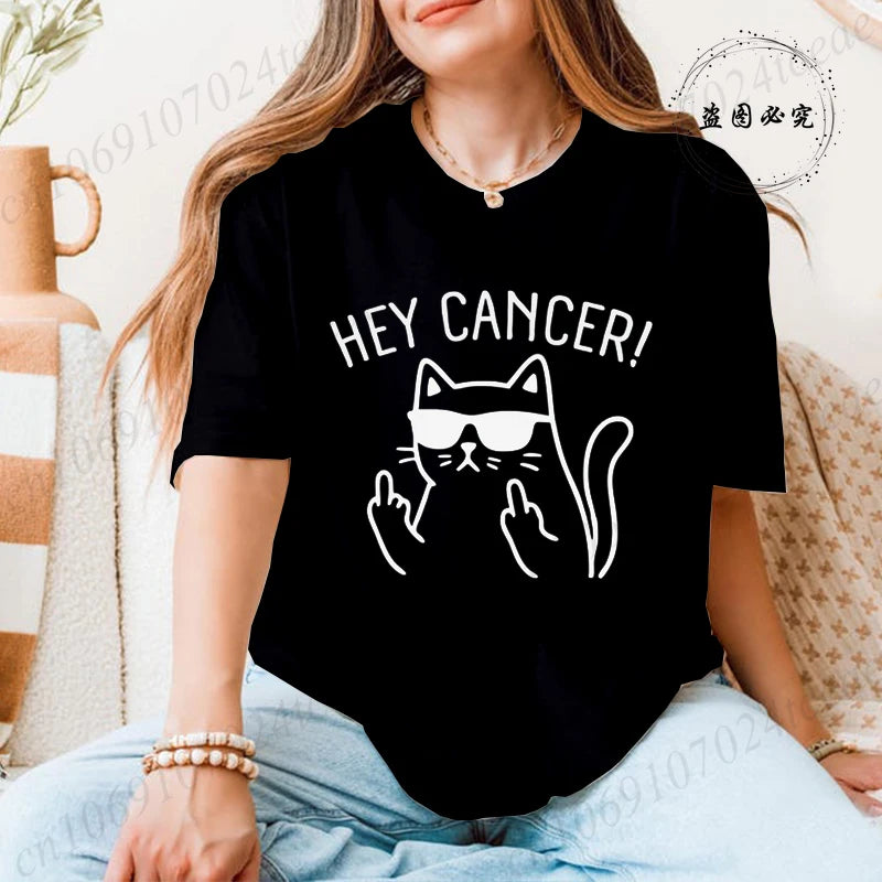 Hey Cancer Survivor T-Shirts, Cancer Warrior Shirt, Kitten Awareness Month Tee, Cancer Fighter Gift Shirt for Women Clothing