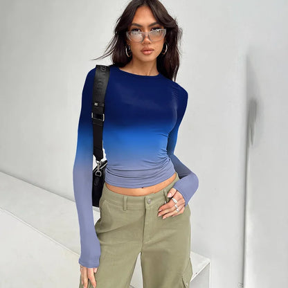 Gradient Color T Shirts For Women Aesthetic Clothes Long Sleeve Crop Top Y2k Accessories O-neck Tshirt Slim Fit Ropa De Mujer
