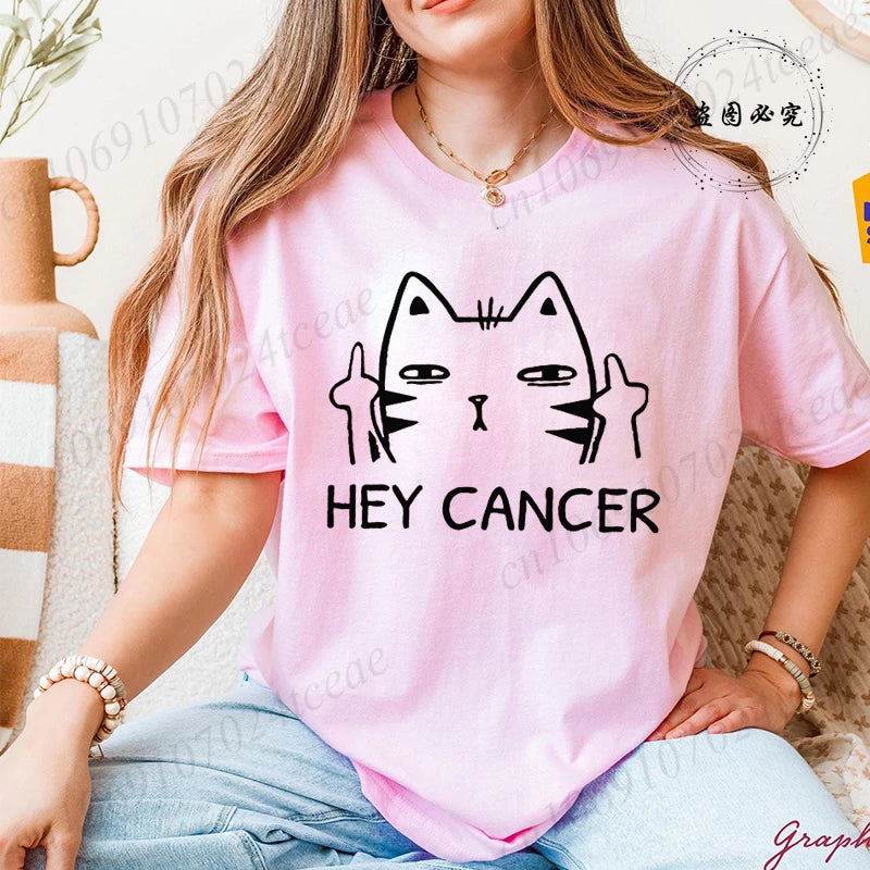 Hey Cancer Survivor T-Shirts, Cancer Warrior Shirt, Kitten Awareness Month Tee, Cancer Fighter Gift Shirt for Women Clothing