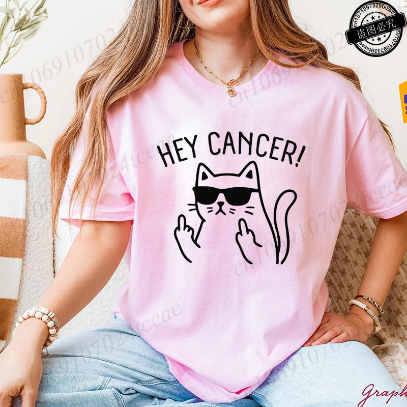 Hey Cancer Survivor T-Shirts, Cancer Warrior Shirt, Kitten Awareness Month Tee, Cancer Fighter Gift Shirt for Women Clothing