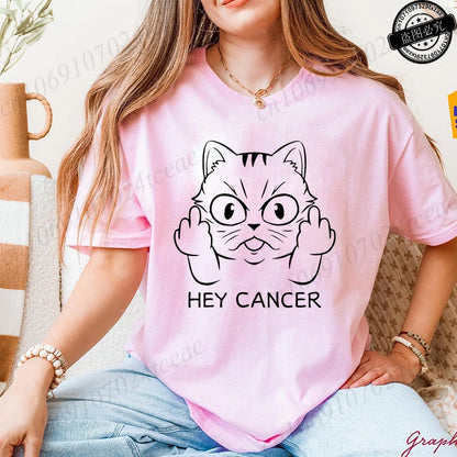 Hey Cancer Survivor T-Shirts, Cancer Warrior Shirt, Kitten Awareness Month Tee, Cancer Fighter Gift Shirt for Women Clothing
