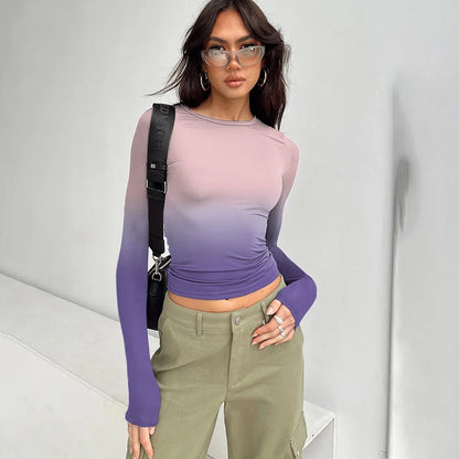 Gradient Color T Shirts For Women Aesthetic Clothes Long Sleeve Crop Top Y2k Accessories O-neck Tshirt Slim Fit Ropa De Mujer