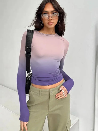 Gradient Color T Shirts For Women Aesthetic Clothes Long Sleeve Crop Top Y2k Accessories O-neck Tshirt Slim Fit Ropa De Mujer