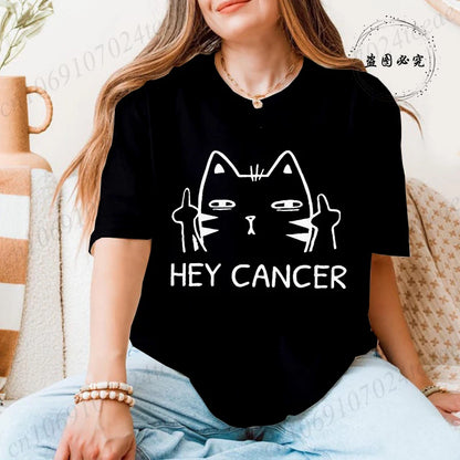 Hey Cancer Survivor T-Shirts, Cancer Warrior Shirt, Kitten Awareness Month Tee, Cancer Fighter Gift Shirt for Women Clothing