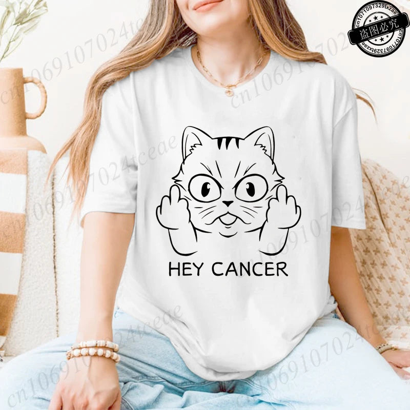 Hey Cancer Survivor T-Shirts, Cancer Warrior Shirt, Kitten Awareness Month Tee, Cancer Fighter Gift Shirt for Women Clothing