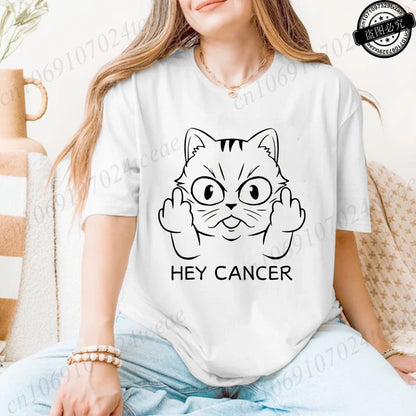 Hey Cancer Survivor T-Shirts, Cancer Warrior Shirt, Kitten Awareness Month Tee, Cancer Fighter Gift Shirt for Women Clothing