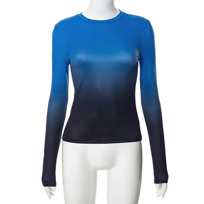 Gradient Color T Shirts For Women Aesthetic Clothes Long Sleeve Crop Top Y2k Accessories O-neck Tshirt Slim Fit Ropa De Mujer
