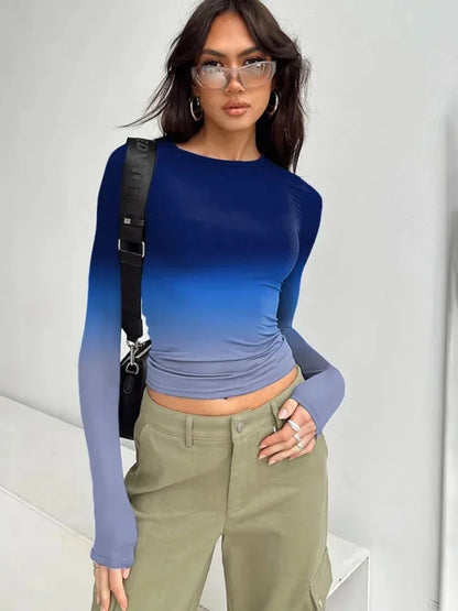 Gradient Color T Shirts For Women Aesthetic Clothes Long Sleeve Crop Top Y2k Accessories O-neck Tshirt Slim Fit Ropa De Mujer
