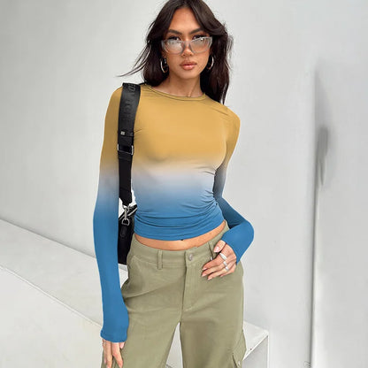 Gradient Color T Shirts For Women Aesthetic Clothes Long Sleeve Crop Top Y2k Accessories O-neck Tshirt Slim Fit Ropa De Mujer