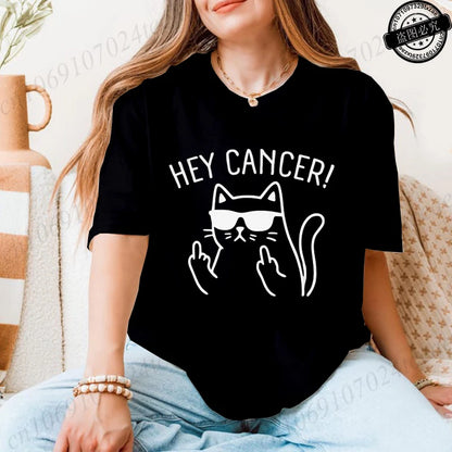 Hey Cancer Survivor T-Shirts, Cancer Warrior Shirt, Kitten Awareness Month Tee, Cancer Fighter Gift Shirt for Women Clothing