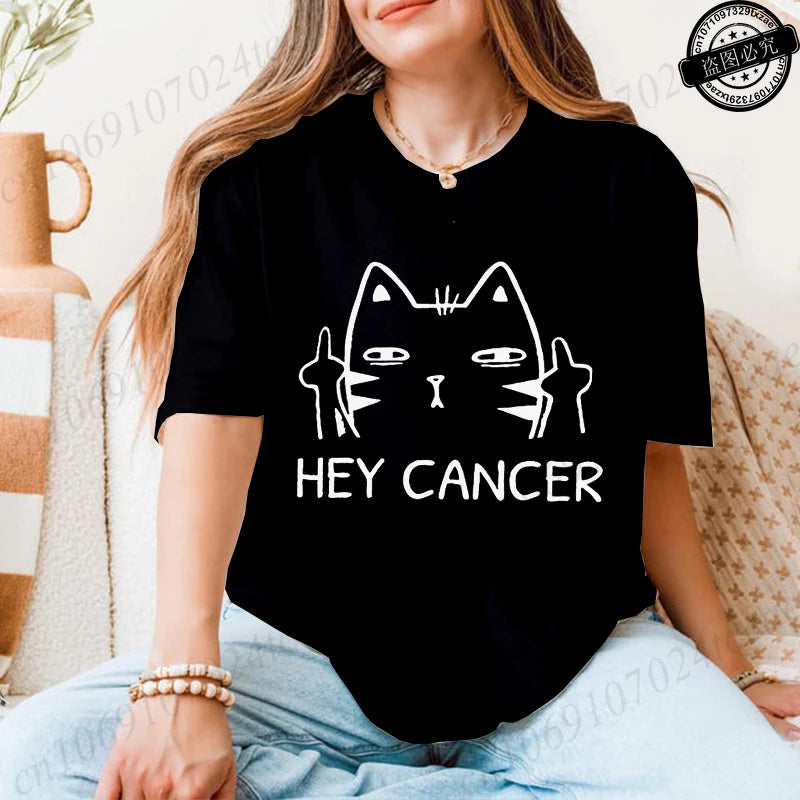 Hey Cancer Survivor T-Shirts, Cancer Warrior Shirt, Kitten Awareness Month Tee, Cancer Fighter Gift Shirt for Women Clothing