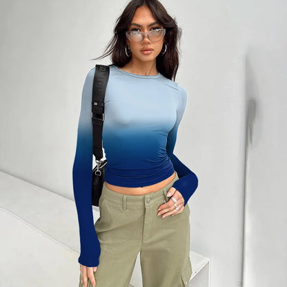 Gradient Color T Shirts For Women Aesthetic Clothes Long Sleeve Crop Top Y2k Accessories O-neck Tshirt Slim Fit Ropa De Mujer