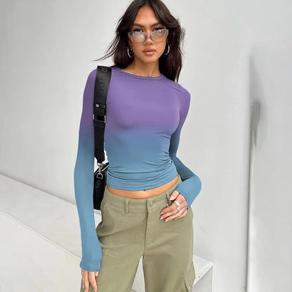 Gradient Color T Shirts For Women Aesthetic Clothes Long Sleeve Crop Top Y2k Accessories O-neck Tshirt Slim Fit Ropa De Mujer