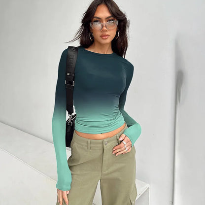 Gradient Color T Shirts For Women Aesthetic Clothes Long Sleeve Crop Top Y2k Accessories O-neck Tshirt Slim Fit Ropa De Mujer