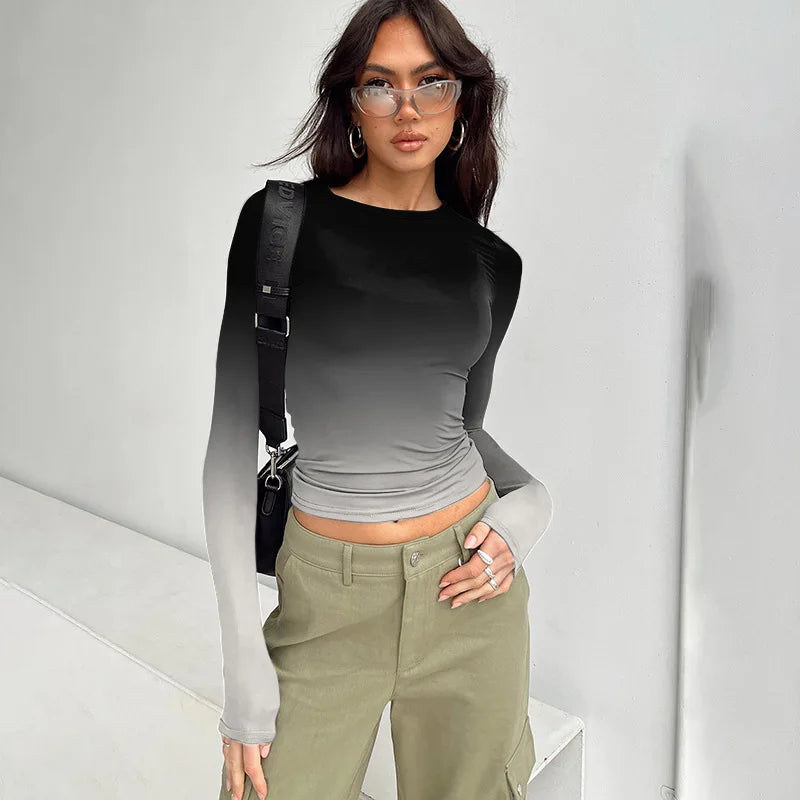 Gradient Color T Shirts For Women Aesthetic Clothes Long Sleeve Crop Top Y2k Accessories O-neck Tshirt Slim Fit Ropa De Mujer